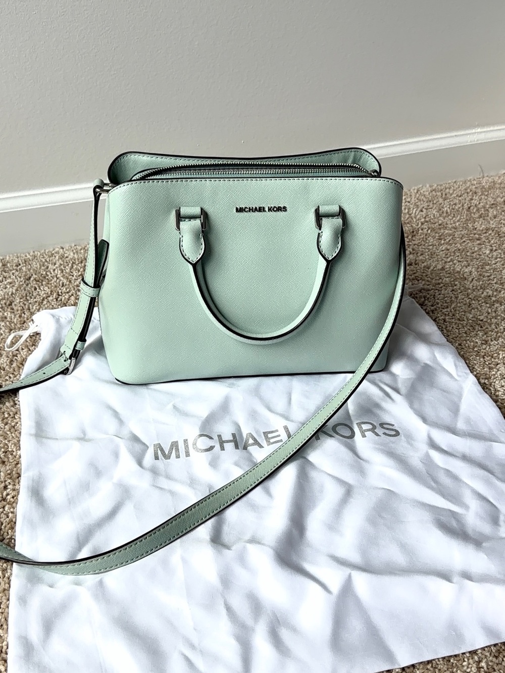Michael Kors Mint Green Saffiano Satchel with Crossbody Strap